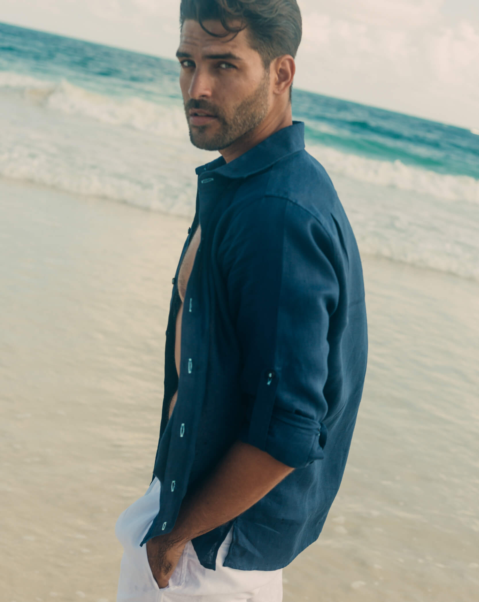 MALLORCA Linen Shirt - Navy Blue/Green - CRASQI