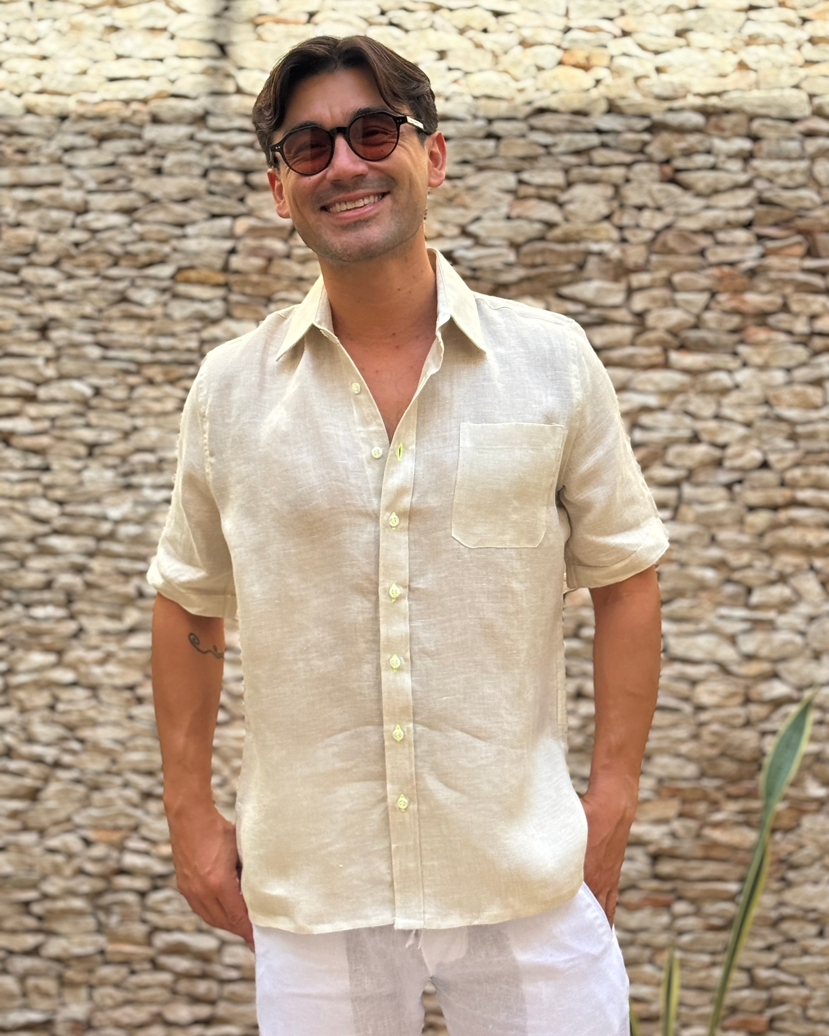 MARBELLA Linen Shirt - Sand/Neon Yellow - CRASQI