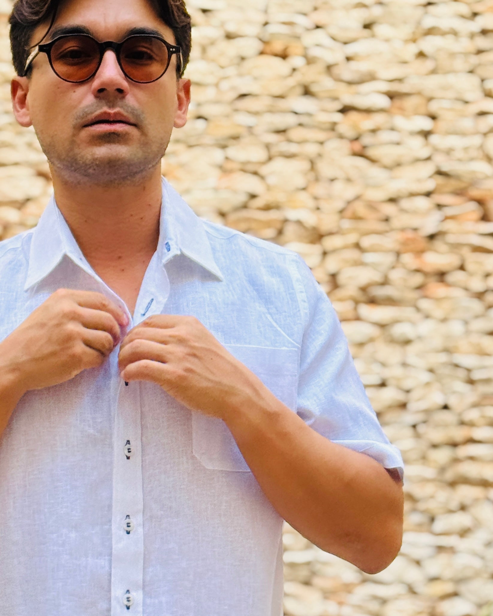 MARBELLA Linen Shirt - White/Royal Blue - CRASQI